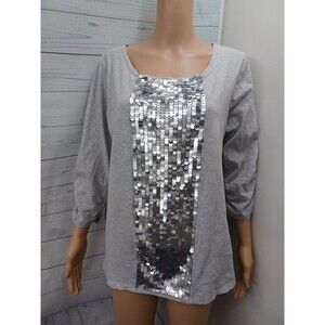 STYLE & CO Womens XL Gray Silver Sequin Front  Detail Long Sleeve Tunic Top